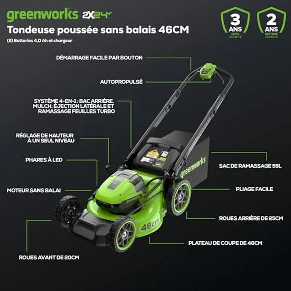 Огляд газонокосарки Greenworks 48V з автоприводом MO48L424-01: деталі та продуктивність